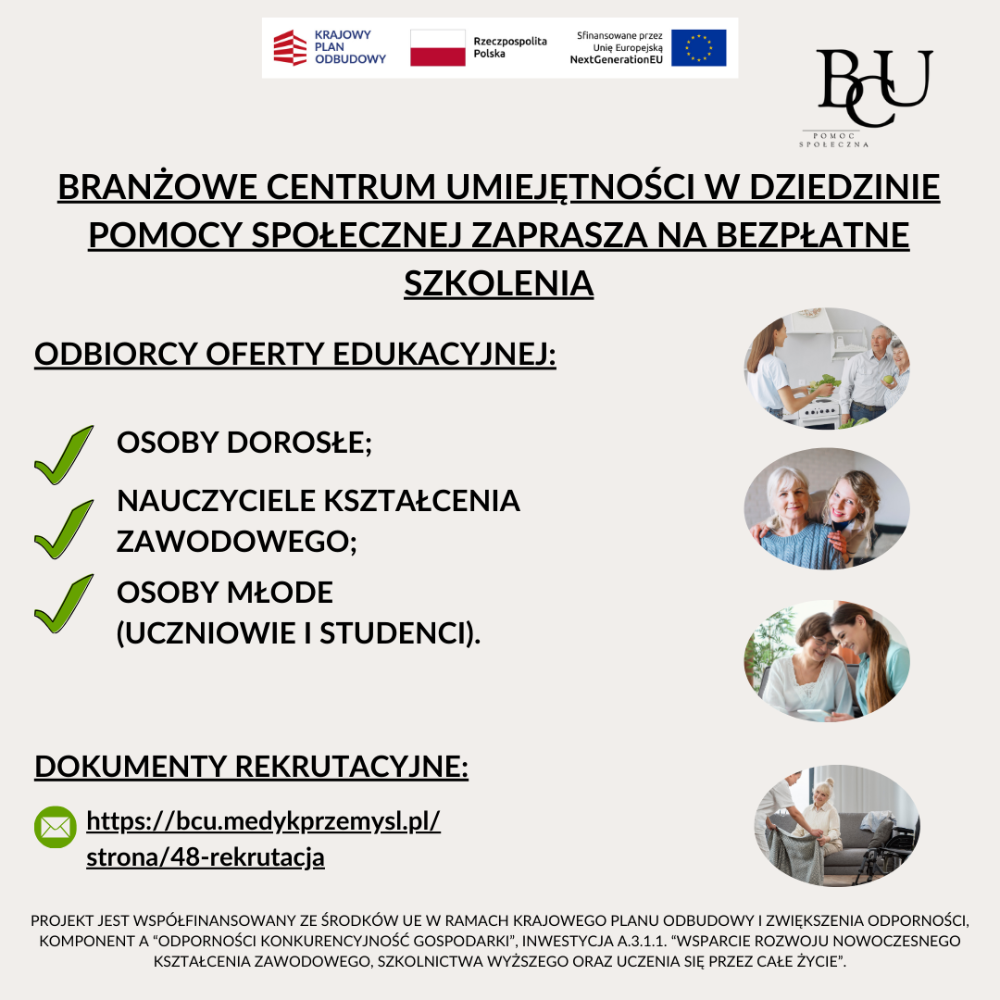Zdjęcie galerii artykułu: Rozpoczęcie drugiego naboru na bezpłatne szkolenia w Branżowym Centrum Umiejętności w dziedzinie pomocy społecznej. - Rozpoczęcie drugiego naboru na bezpłatne szkolenia w Branżowym Centrum Umiejętności w dziedzinie pomocy społecznej.